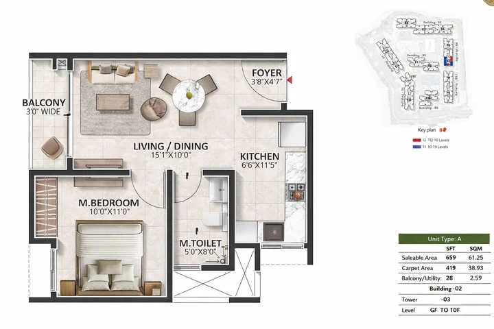 1BHK (659 sqft) floor plan at Prestige Evergreen