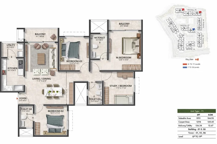 3BHK (1991 sqft) floor plan at Prestige Evergreen
