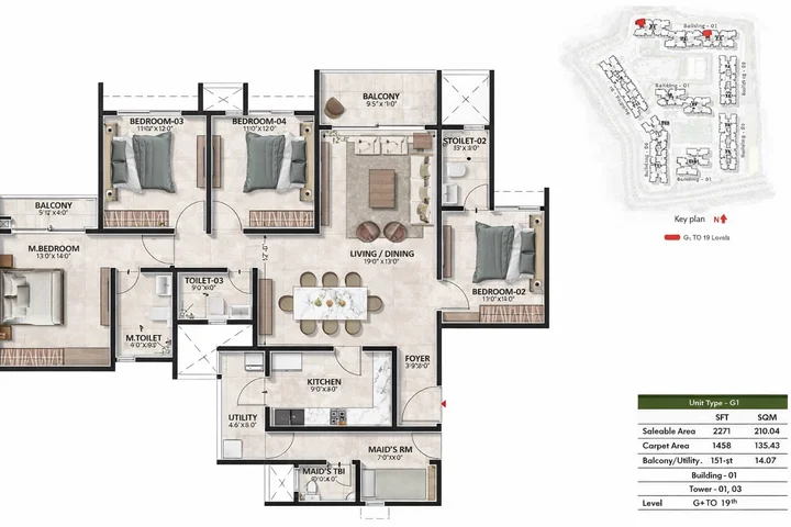 4BHK (2271 sqft) floor plan at Prestige Evergreen