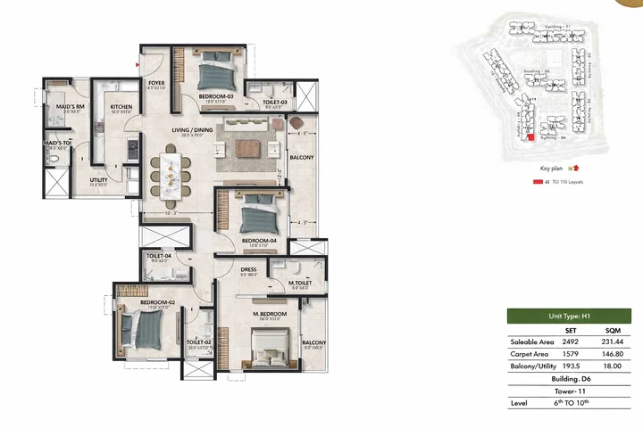 4BHK (2492 sqft) floor plan at Prestige Evergreen